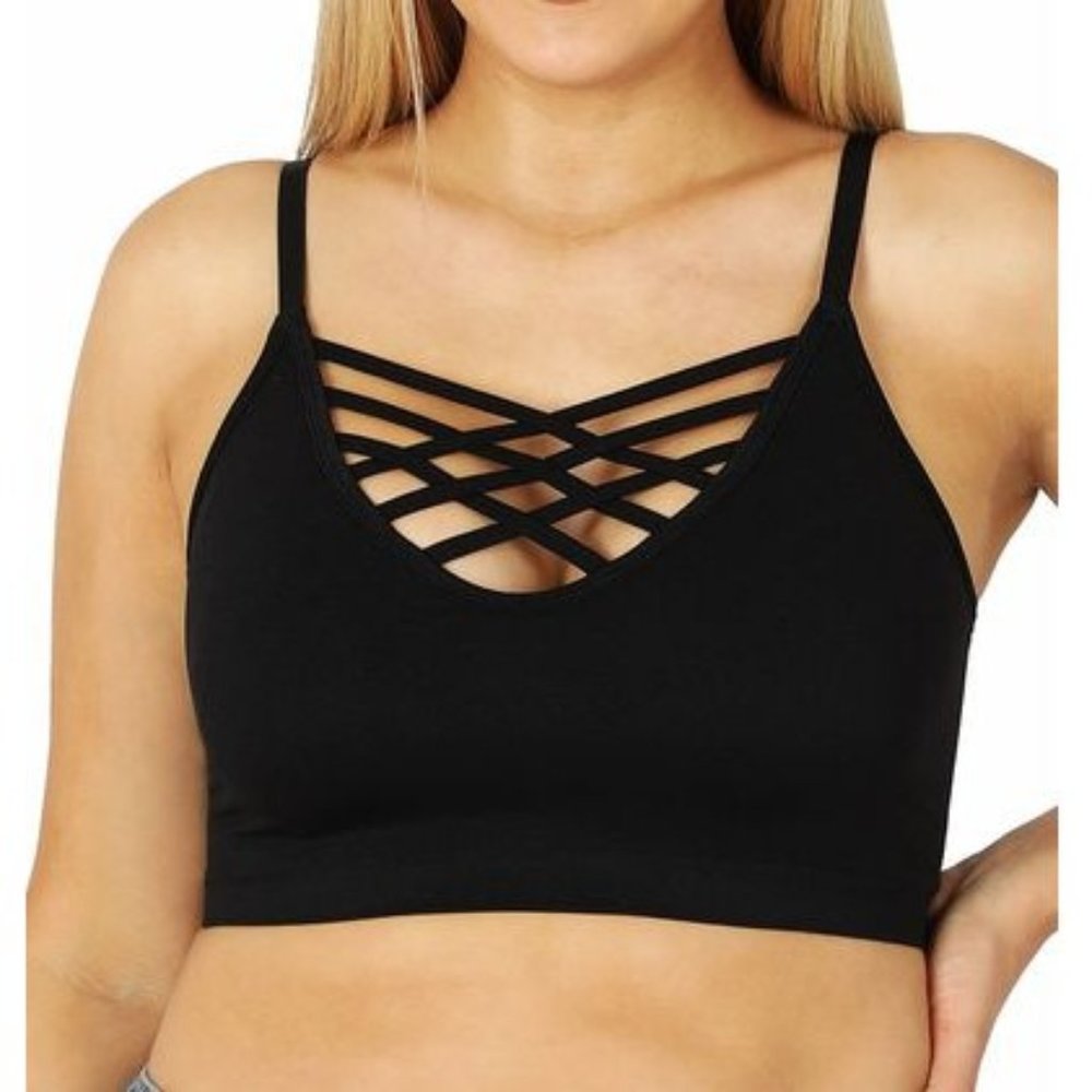 NWOT Zenana Black Front V Lattice Bralette Removable Pads Sizes 2X/3X